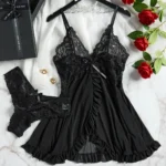 2 Pcs Set Lace Nightgown Women Exquisite Homewear New Green Nighttime Pajamas Transparent Split Nightdress V-Neck Bra Panty Sets - Image 3