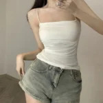 Women Cropped Top Vest Sleeveless Tees Tank Tops Camisole Solid Color Casual Spaghetti Strap Slim Fit Built In Bra - Image 6