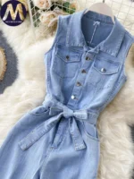 Summer Retro Sleeveless Denim Jumpsuit for Women Single Row Buckle Slim Fit Lace up Fashionable - Image 4