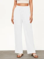 Women's Solid Color Loose Wide Leg Pants Casual Drawstring Straight Pants Pocket Casual Pants Trousers Loose High Waisted Pants - Image 2