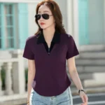 #0297 Cotton Short T Shirt Women Polo Neck Office T Shirt Female Short Sleeve Slim Sexy Red Gray Purple Womens Tee Shirts Summer - Image 4