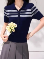 New Fashionable Polo Collar Striped Short Sleeve T-Shirt Korean Summer Preppy Style Casual Minimalist Versatile Women's Top - Image 5