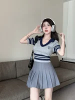 GAODINGLAN Polo V Neck Knitted T-shirt Women Short Sleeve Slim Tight Sexy Crop Tops Summer High Waist Y2k Short Bottom Tees - Image 4