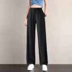 1pcs Summer Women Ice Silk Pant Female High Elastic Waist Drawstring Pocket Loose Straight Trousers Student Sports Straight Pant - Image 2