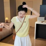 Women's Summer Knit Polo T-Shirt Contrast Color Collar Embroidery Ice Silk Top Slim Fit Short Sleeve Casual Blouse - Image 2