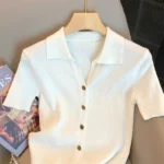 Knitted Polo Shirt Women's Summer Cardigan Short Sleeve T-Shirt Casual Fashion Short Sleeve Tops Knitwear 2025 Korean Clothing - Image 4