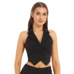 Womens Fashion Vest Shirts Separate Waistcoat Crop Tops Lapel Halter Backless Button Down Pointed Hem Vest for Party Formal Wear - Image 3