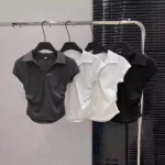 Cotton Summer Sexy Women's T Shirt Skinny Slim Basic Solid Crop Top Short Sleeve Polo TShirtCasual Top Tee for Women - Image 4