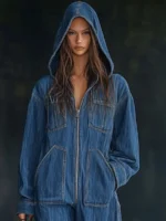 Elegant Hight Street Denim Hooded Jumpsuit Casual Long Sleeve Pockets Loose Party Playsuits Fashion Single-breasted Solid Romper - Image 6