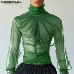 Fashion Well Fitting Tops INCERUN Sexy Men Thin High Neck Shoulder Pleated Shirt Casual Party Nightclub Long Sleeved Blouse 2025 - Image 3