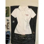 Deeptown White Vintage Letter Embroidery Women's T-Shirts Basic Short Sleeve American Style Polo Collar Tees Slim Gyaru Summer - Image 2