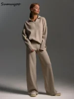 Sumuyoo Winter Thick Women Knitted Suits Cashmere Soft 2 Pieces Sets Female Polo Neck Sweater & Wide Leg Pants Knitted Outfit - Image 2