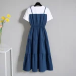 2024 Fashion Strap Fake Two piece Dress Block Summer Short sleeved Dress Women's Waist Tight Dress - Image 4