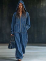 Elegant Hight Street Denim Hooded Jumpsuit Casual Long Sleeve Pockets Loose Party Playsuits Fashion Single-breasted Solid Romper - Image 3