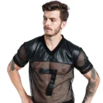 Sexy Men Fishnet T-Shirt PU Faux Leather Mesh Shirts See Through Tops Tee Transparent Short Sleeve Stage Clubwear - Image 4