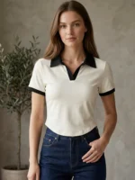 2026 Spring Summer Sexy Crop Tops Women's Color Block V-Neck Short Sleeve Polo Shirt Chic Slim Fit Versatile T-Shirt - Image 2