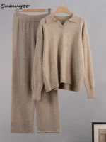 Sumuyoo Winter Thick Women Knitted Suits Cashmere Soft 2 Pieces Sets Female Polo Neck Sweater & Wide Leg Pants Knitted Outfit - Image 5