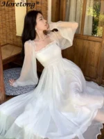 Horetong Elegant Maxi Dresses For Women White Off Shoulder Puff Long Sleeve Elastic High Waist Party Gown Ruffle Holiday Dress - Image 4