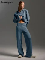 Sumuyoo Winter Thick Women Knitted Suits Cashmere Soft 2 Pieces Sets Female Polo Neck Sweater & Wide Leg Pants Knitted Outfit - Image 3