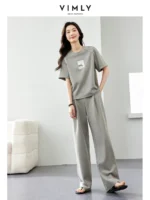 VIMLY Sporty Blouse Matching Sets For Women Summer Simple Loose Printed Top+Casual Elastic Waist Wide-Leg Pants Two Piece Set - Image 2